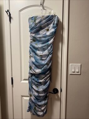 Blue Floral Ruched Strapless Dress